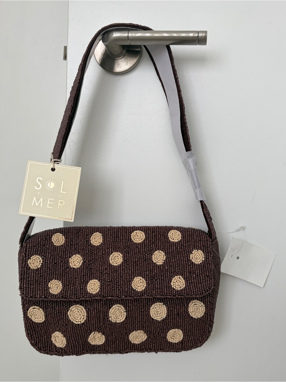 NWT - SOL & MER Polka Dot Beaded Shoulder Bag - Brown and Cream